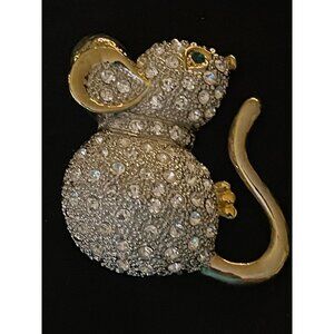 Vintage Pave Large Rhinestone Glass Mouse Brooch W/ Green Glass Eye Goldtone Met